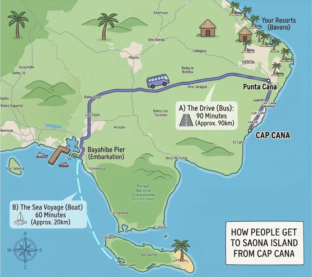 Map of the southeast Dominican Republic showing the road route from Cap Cana to Bayahibe and the sea route from Bayahibe to Saona Island