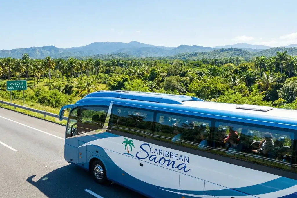 A modern AC minibus loading guests at a Bávaro resort