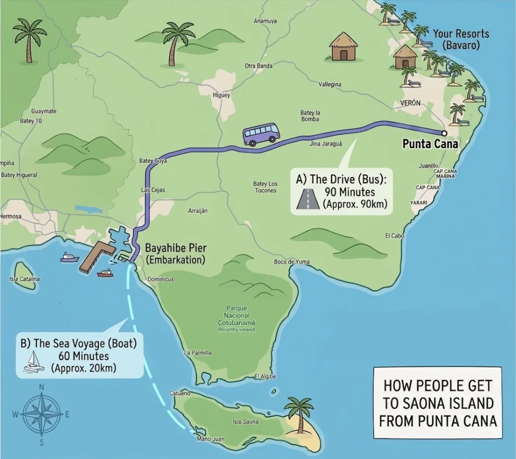 Map of the southeast Dominican Republic showing the road route from Punta Cana to Bayahibe and the sea route from Bayahibe to Saona Island